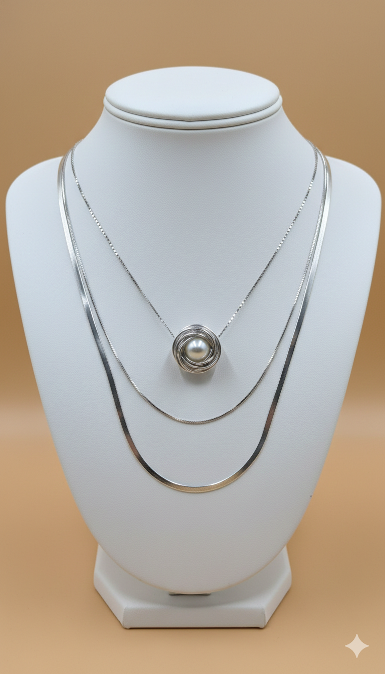 Collar Triple Plateado Roses Long