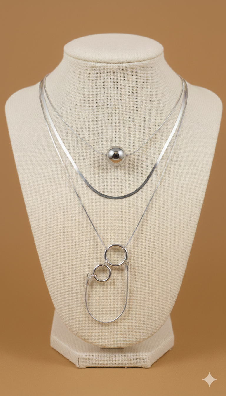 Collar Triple Plateado Double Ring